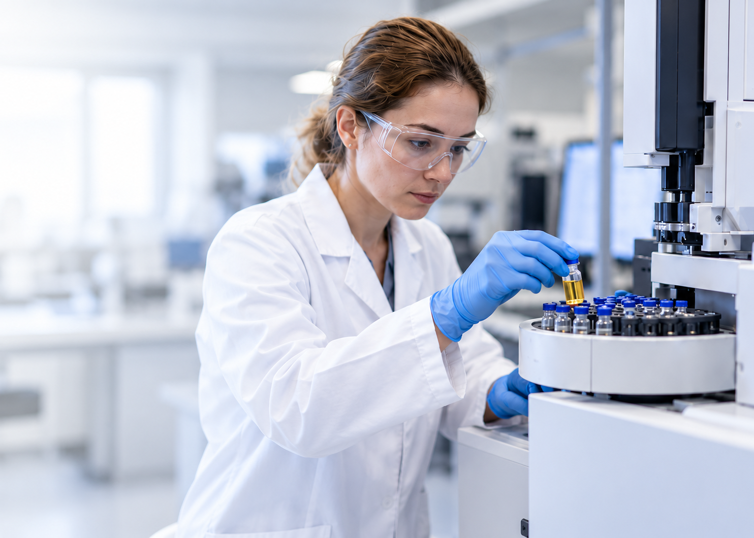 Illustrative laboratory scene: scientist examining a sample vial